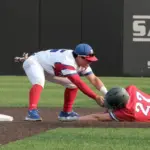 20250602-1abaseball-super-03: Pawnee second baseman Carter Morell (15) tags out Waltonville-Sesser-Valier’s Jacob Potts (27) for the final out to win 5-4 in the 1A baseball super-sectional at Itchy Jones Stadium in Carbondale on Monday.