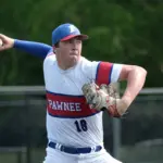 20250602-1abaseball-super-08: Pawnee starting pitcher Coy Clarke (18) delivers a pitch in the second inning against Waltonville-Sesser-Valier during the 1A baseball super-sectional at Itchy Jones Stadium in Carbondale on Monday. Pawnee came back to win 5-4.