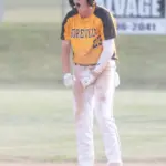 Goreville's Lathan Parrish celebrates on second base after his go ahead double in the 8th inning against Crab Orchard. Photo by Hunter Whitecotton/Southern Focus Photography