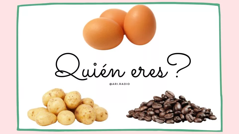 Top: eggs, left corner: potatoes and right corner coffee beans