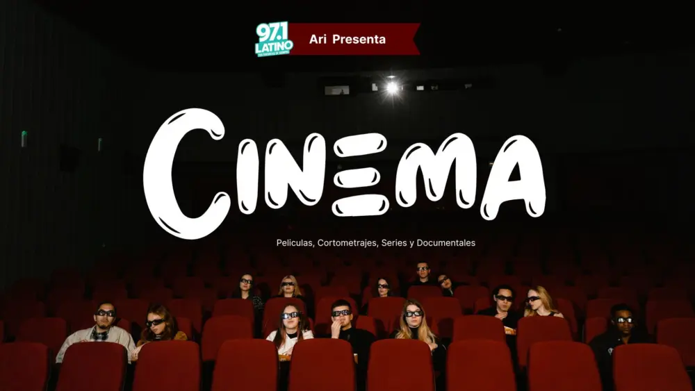 Movie theater with people watching a film and text indicating cinema