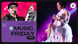 Raymix and Melissa Robles photos from getty images, text and latino logo