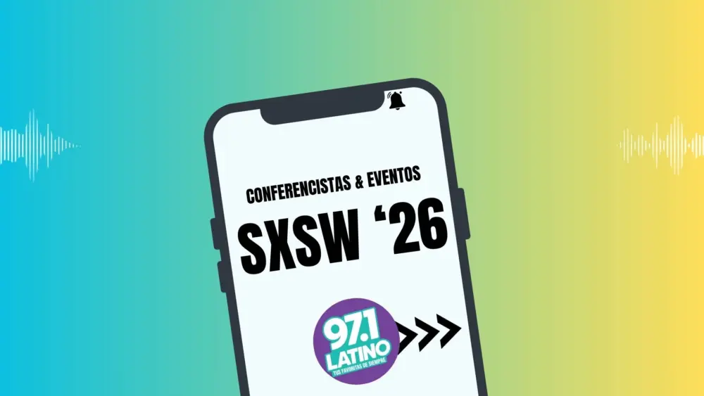 Mock up phone with text: conferencistas & eventos SXSW '26 and Latino Logo