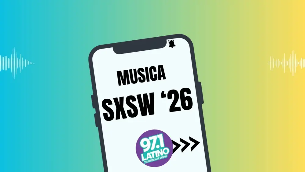 Mock up phone with text: Musica SXSW '26 and Latino Logo