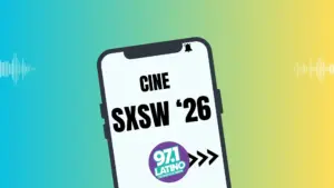 Mock up phone with text: Cine SXSW '26 and Latino Logo