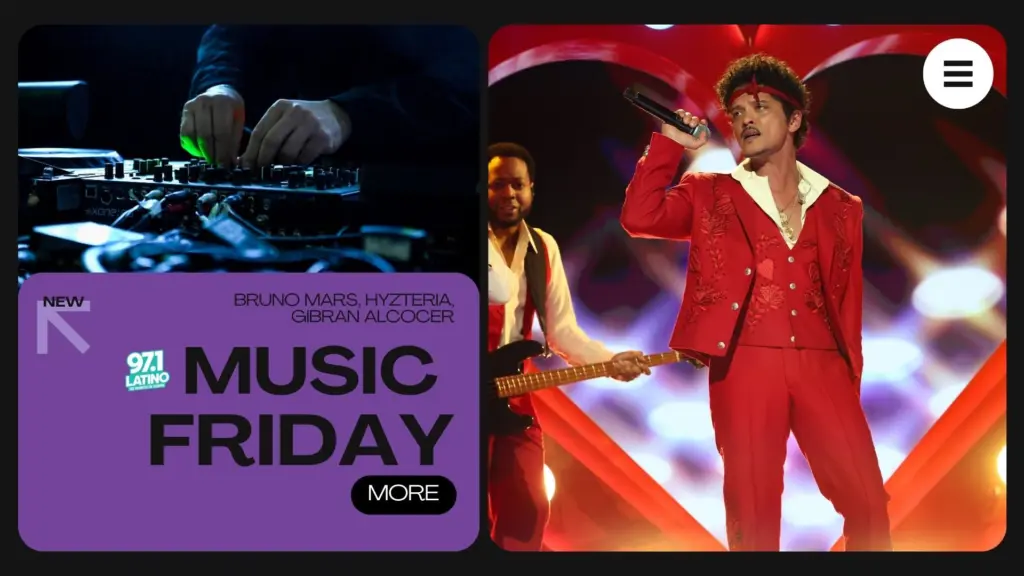 Bruno Mars performing and next to him a dj set with text and latino logo