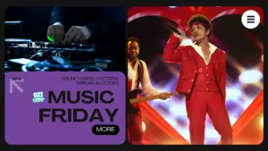 Bruno Mars performing and next to him a dj set with text and latino logo