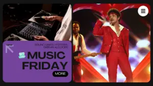 Bruno Mars performing and next to him a dj set with text and latino logo