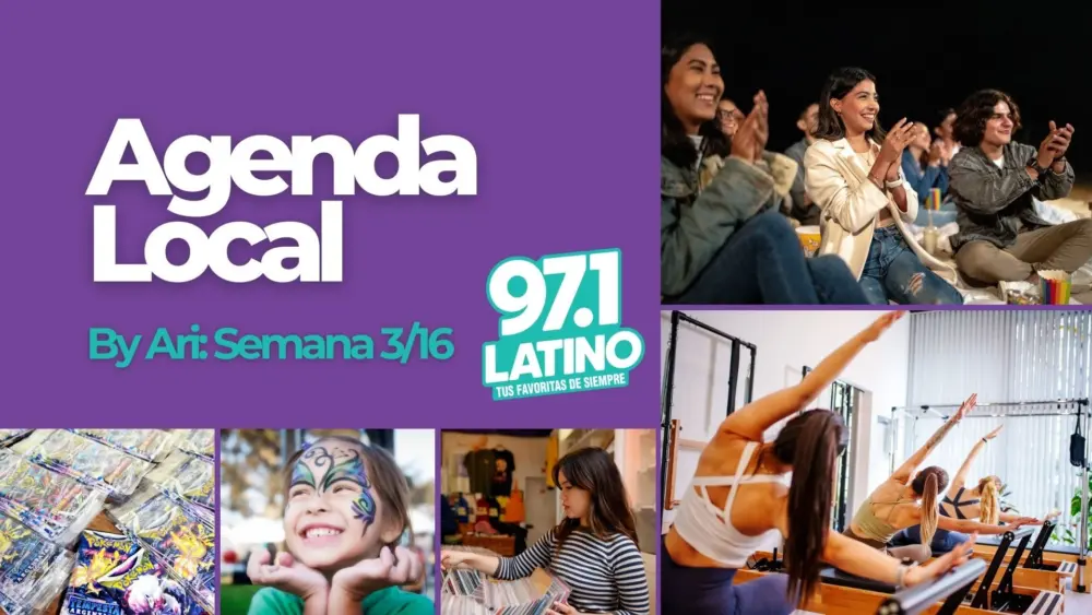 Various photos from getty images: from left to right pokemon cards, a similing girl with face paint, a young woman viewing records, a group o fladies doing pilates and top left corner a group of people applauding. The Latino logo and text added.