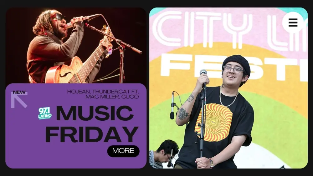 Cuco performing at CIty Limits Festival and to his left is Thundercat perfeorming with a guitar, with text and latino logo