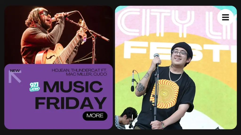Cuco performing at CIty Limits Festival and to his left is Thundercat perfeorming with a guitar, with text and latino logo