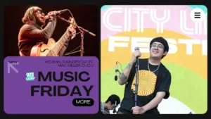 Cuco performing at CIty Limits Festival and to his left is Thundercat perfeorming with a guitar, with text and latino logo