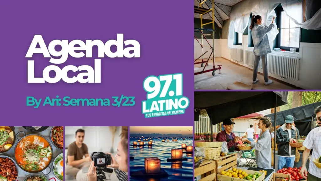 Various photos from getty images. Left to right, korean food, photography class, water lanter festival, farmers markets and top left corner a young woman doing a home project. The Latino logo and text added.