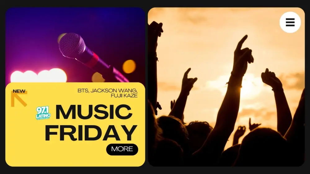 from left to right" a microphone image and people at a concert. with text saying music friday