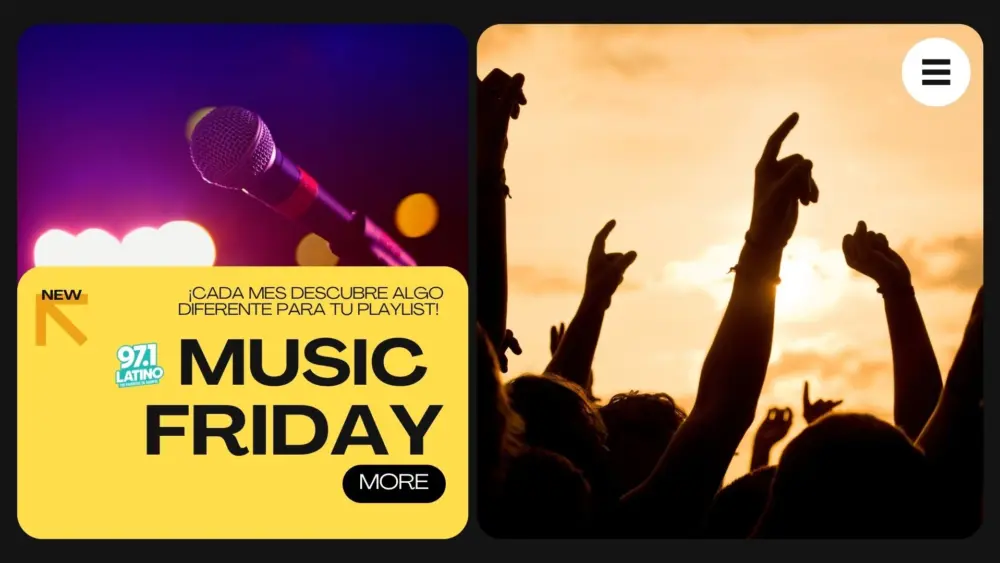 from left to right: a microphone image and people at a concert. with text saying music friday