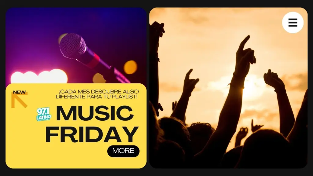 from left to right: a microphone image and people at a concert. with text saying music friday