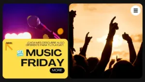 from left to right: a microphone image and people at a concert. with text saying music friday