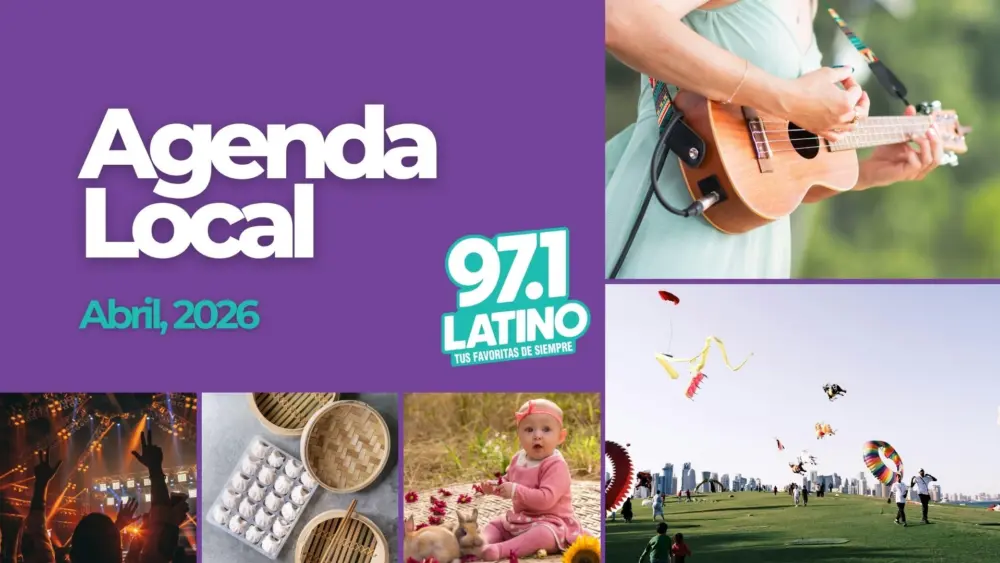Capcut Images, Left to right: Concert, Plated Dumplings, Easter Bunny Photoshoot, kite festival, someone playing a ukulele. The Latino logo and text added: Local Agenda April 2026