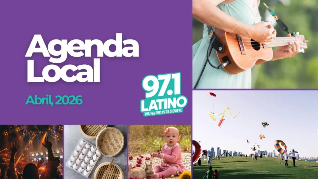 Capcut Images, Left to right: Concert, Plated Dumplings, Easter Bunny Photoshoot, kite festival, someone playing a ukulele. The Latino logo and text added: Local Agenda April 2026