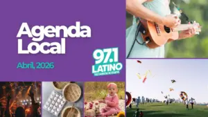 canva Images, Left to right: Concert, Plated Dumplings, Easter Bunny Photoshoot, kite festival, someone playing a ukulele. The Latino logo and text added: Local Agenda April 2026