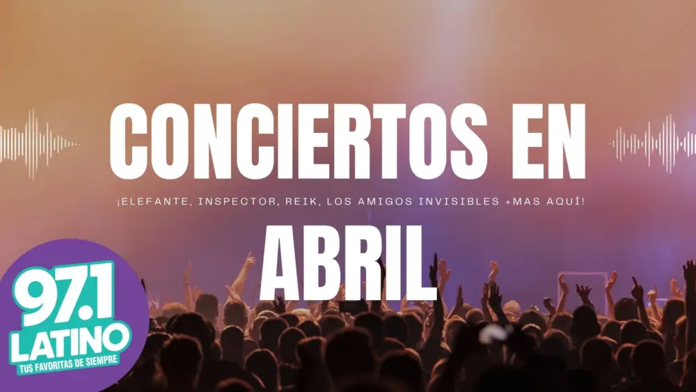 Crowd enjoying a concert event with latino logo and text: Conciertos de abril