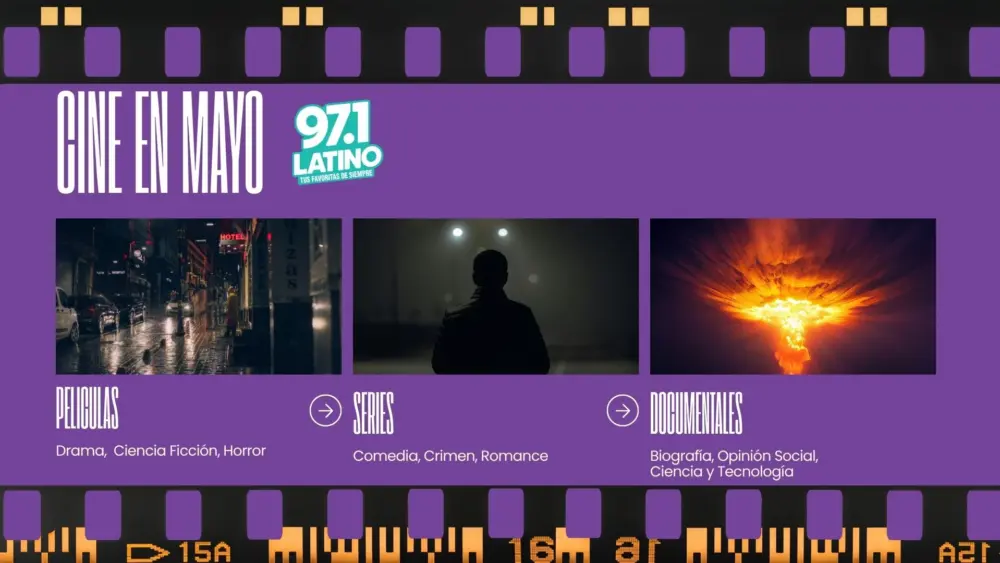 Title Cine en Mayo with latino logo plus a strip of film as background with 3 images on center: street at night, a person facing away and an explosion with text on the bottom: Peliculas, series, documentales.
