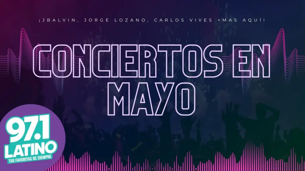 background: Crowd enjoying a concert with latino logo and text: Conciertos de mayo