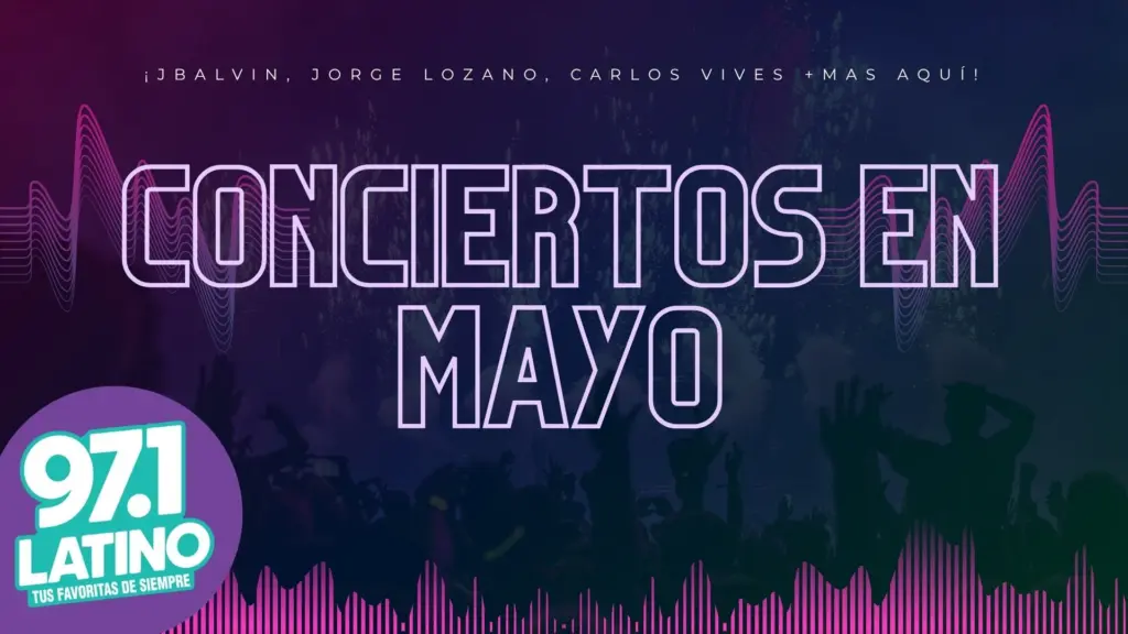 background: Crowd enjoying a concert with latino logo and text: Conciertos de mayo