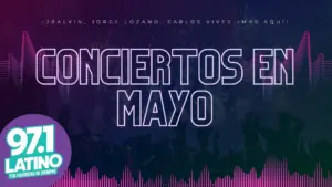 background: Crowd enjoying a concert with latino logo and text: Conciertos de mayo