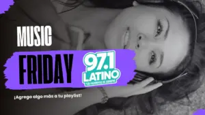 background: a young woman enjoying a music though her headphones with text: ¡Agrega algo más a tu playlist! and music friday plus latino logo