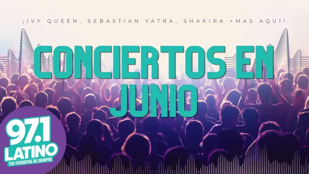 background: Crowd enjoying a concert with latino logo and text: Conciertos de junio