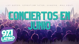 background: Crowd enjoying a concert with latino logo and text: Conciertos de junio