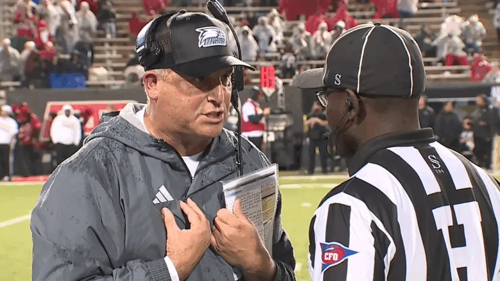 georgia-southern-head-coach-clay-helton-discusses-a-penalty-with-a-referee-during-a-game-against-arkansas-state-6909768051bad632516