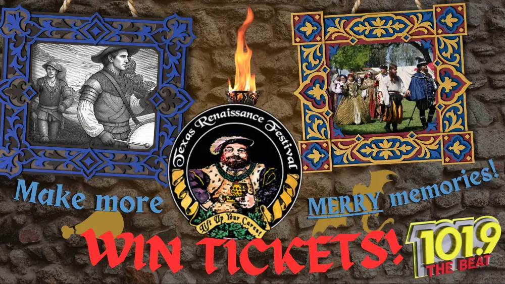The slider graphic for the 2026 Texas Renaissance Festival. A dungeon wall with pictures of a renaissance festival sit behind the text.