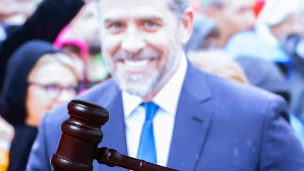 Hunter Biden ^court session. Judicial Hammer on the background of the photo.