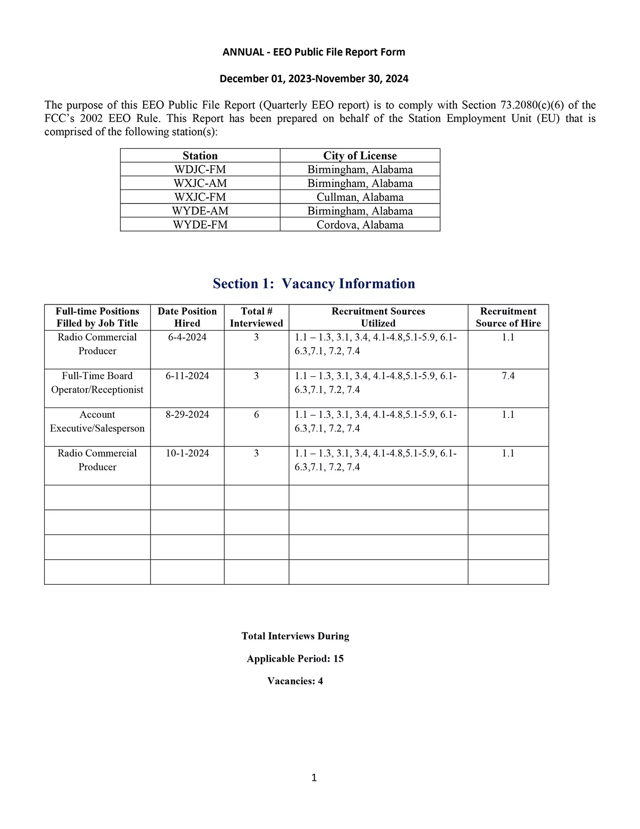 WDJC-WXJC-WYDE Annual EEO Report 12-01-23 to 11-30-24 page 1