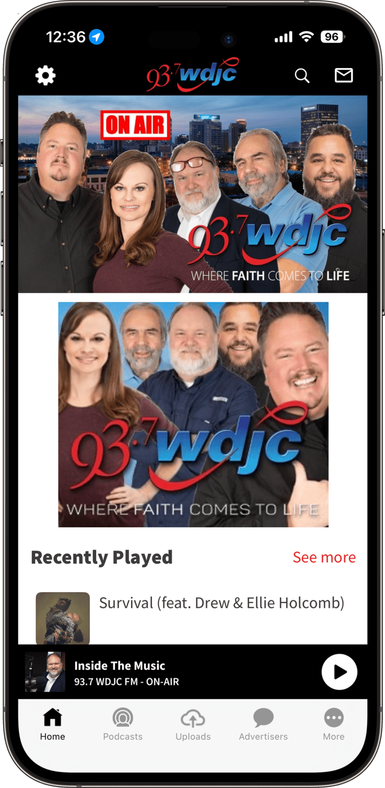iPhone displaying WDJC mobile app home page