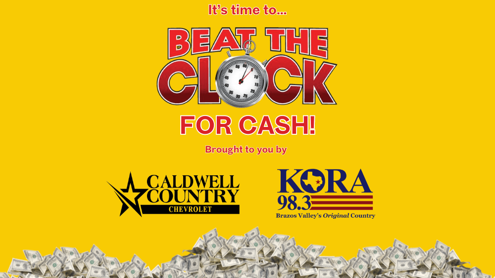 KORA 98.3's 'Beat The Clock' slider graphic featuring Caldwell Country Chevrolet as the title sponsor. The main text reads "It's time to Beat the Clock for Cash!"