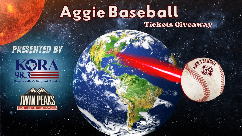 The slider graphic for KORA's Aggie Baseball Home Game Sweepstakes promotion.