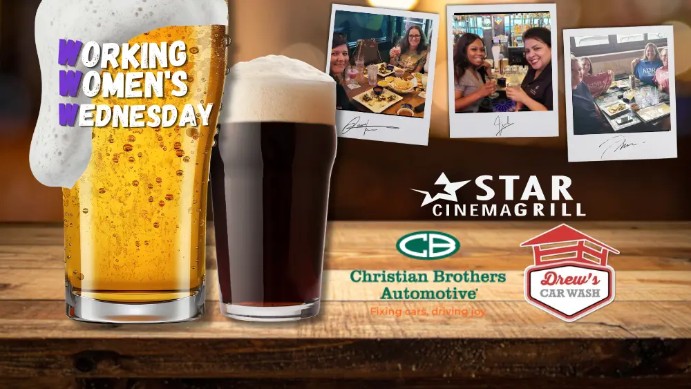 The Working Women's Wednesday graphic, featuring two glasses of beer sitting on a bar counter, with pictures from previous Working Women's Wednesday events.