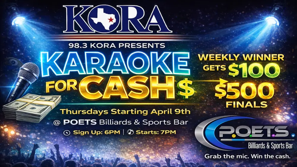 KORA's Karaoke for Cash graphic shows a crowd cheering along the bottom of the graphic, along with more information on the promotion.