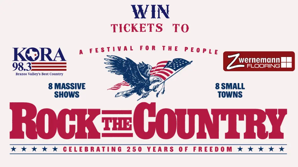 A graphic for the Rock the Country Ticket Giveaway. An eagle flies across with an American flag held in its beak.