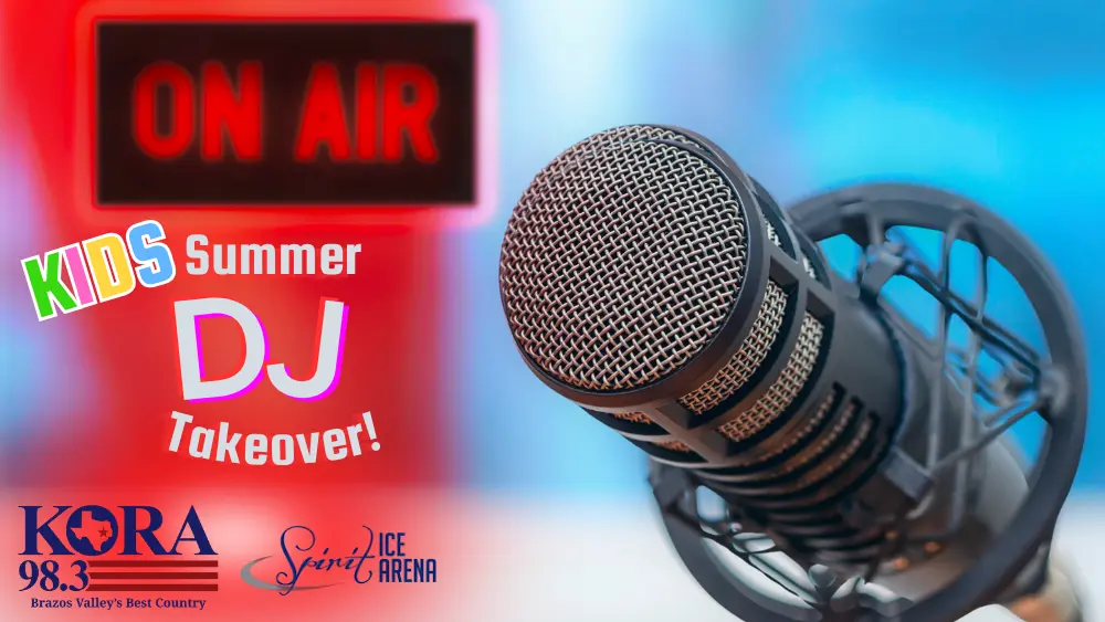 A graphic for the KORA Kids Summer DJ Takeover Promotion. A mic stands next to an on air light with fun, curved text describing the contest.