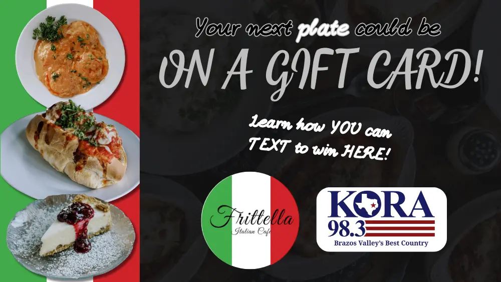 The Frittella's Text To Win promotional graphic. Three Italian dishes are shown over an Italian flag on the left. A faded graphic of a Frittella tabletop covers the right.