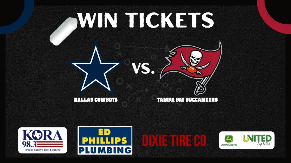 The graphic for the Dallas Cowboys versus the Tampa Bay Buccaneers ticket giveaway. Both teams' logos with a football play diagram between.