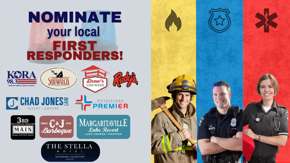 The First Responder Appreciation promotional graphic, featuring a fireman, policeman, and paramedic with symbols on colored backgrounds.