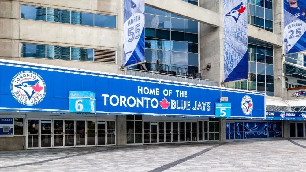 Blue Jays sign at the entrance of Rogers center in Toronto. Toronto^ Canada-July 2^ 2018