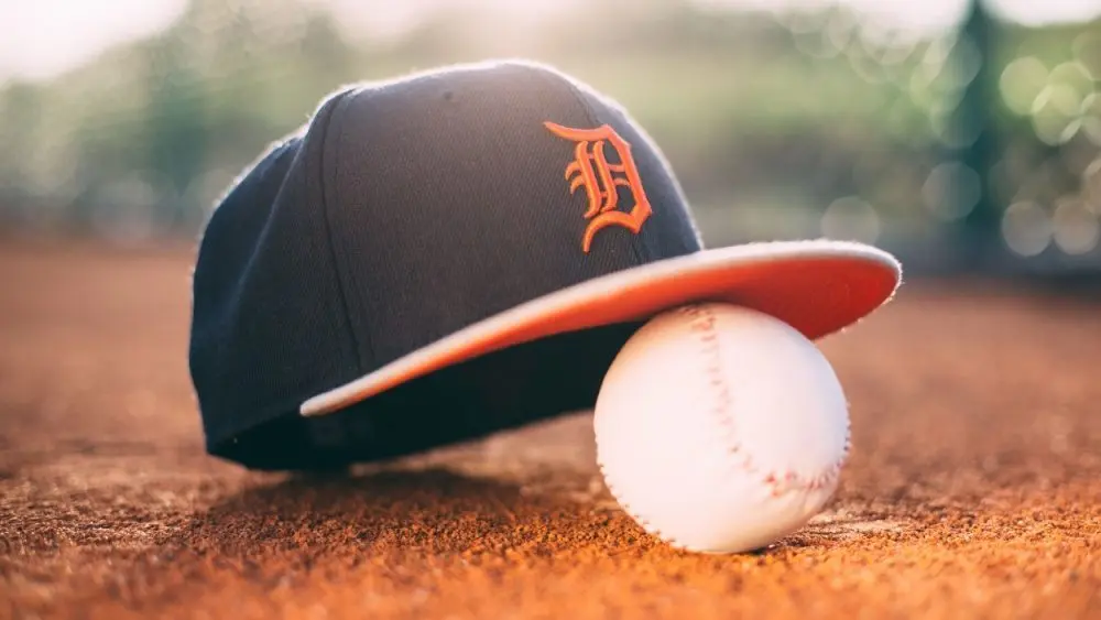 Baseball ball with Detroit Tigers cap on pitchers mound. BELGRADE^ SERBIA - APRIL 12^ 2017