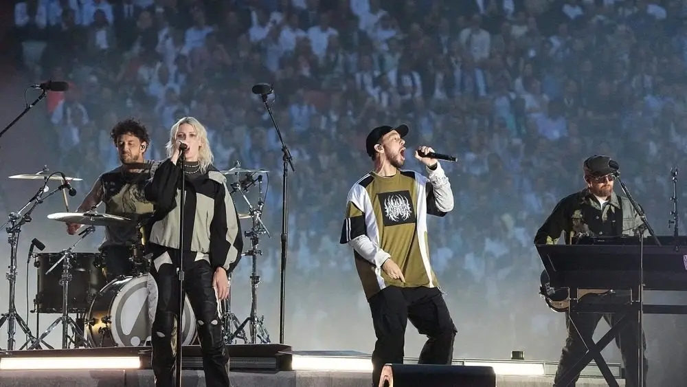Linkin Park with lead singer Emily Marcia Armstrong perform on stage during the 2025 UEFA Champions League Final Opening ceremony at Munich arena in Munich Munich^ Germany - May 31^ 2025