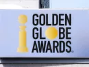 The Golden Globe awards logo seen on billboard. Golden globe awards honored the best in film and American television^ as chosen by the Hollywood Foreign Press Association